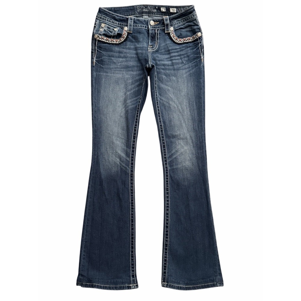 Miss Me Signature Boot Jeans Womens 27 Blue Embroidered Y2K Western